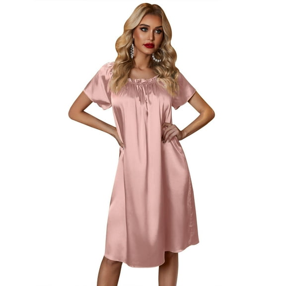 Ekouaer Women's Pleated Nightgown Loose Sleepwear Short Sleeve Sleep Dress Nightshirt