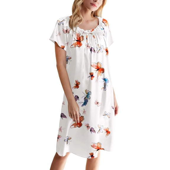 Ekouaer Women's Satin Silk Pleated Nightgown Loose Sleepwear Printed Nightshirt Short Sleeve Sleep Dress