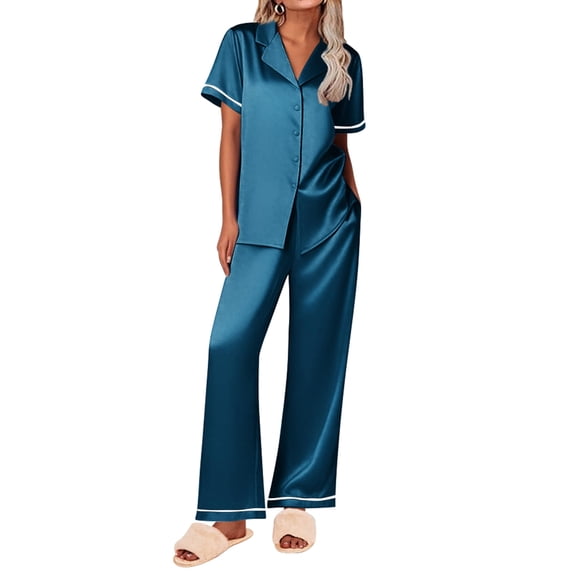Ekouaer Women's Silk Pajamas Set Short Sleeve Satin Pjs 2 Piece Soft Loungewear with Pants Button Down Sleepwear