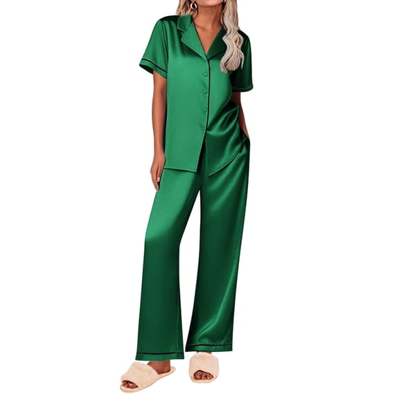 Ekouaer Women's Silk Pajamas Set Short Sleeve Satin Pjs 2 Piece Soft Loungewear with Pants Button Down Sleepwear