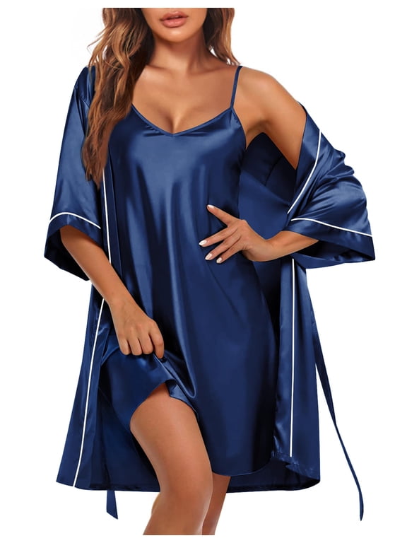 Women's Silk Robe Set V Neck 2 Piece Satin Bathrobes 3/4 Sleeves Bridal Sleepwear Sexy Cami Nightgown