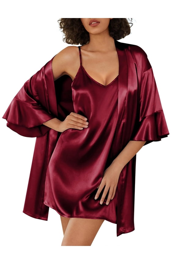 Womens Silk Robe Set 2-Piece Satin Bathrobe V-neck Bridal Party Robe