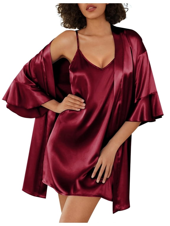 Womens Silk Robe Set 2-Piece Satin Bathrobe V-neck Bridal Party Robe