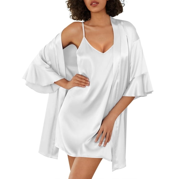 Ekouaer Womens Silk Robe Set 2-Piece Satin Bathrobe V-neck Bridal Party Robe
