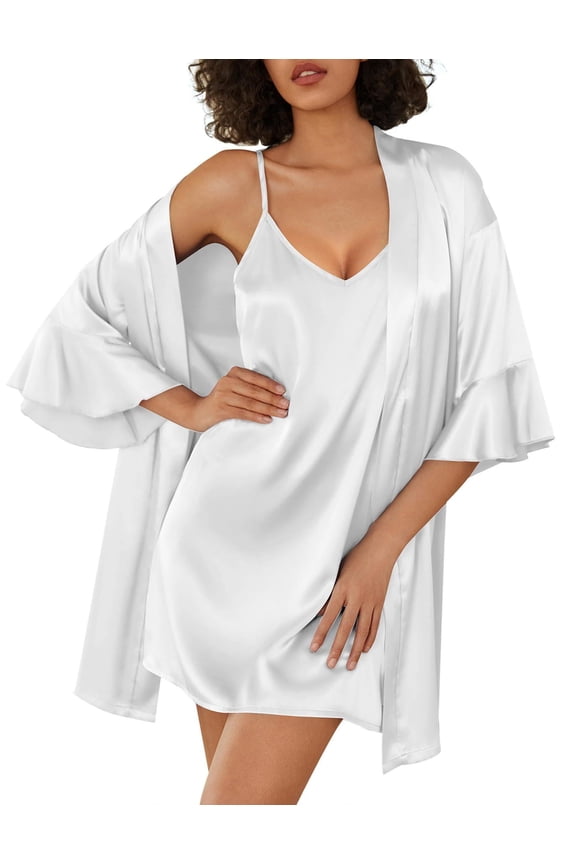 Womens Silk Robe Set 2-Piece Satin Bathrobe V-neck Bridal Party Robe