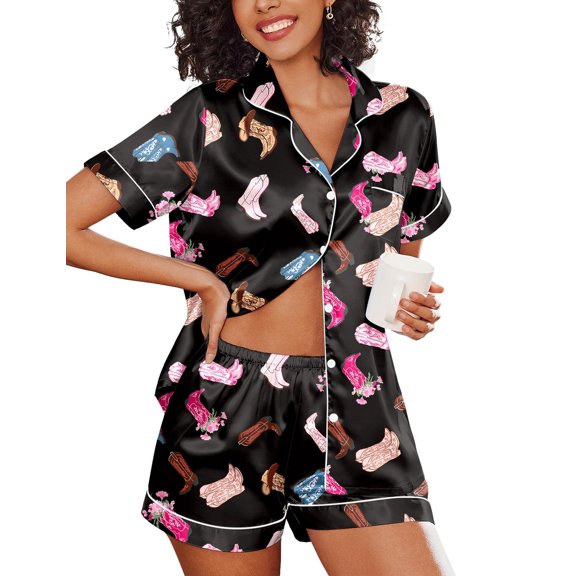 Ekouaer Women's Silk Satin Pajama Set Short Sleeve Pjs Shorts Set Comfy Button Down 2 Piece Sleepwear Loungewear