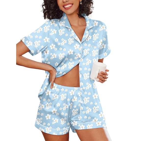 Ekouaer Women's Silk Satin Pajama Set Short Sleeve Pjs Shorts Set Comfy Button Down 2 Piece Sleepwear Loungewear