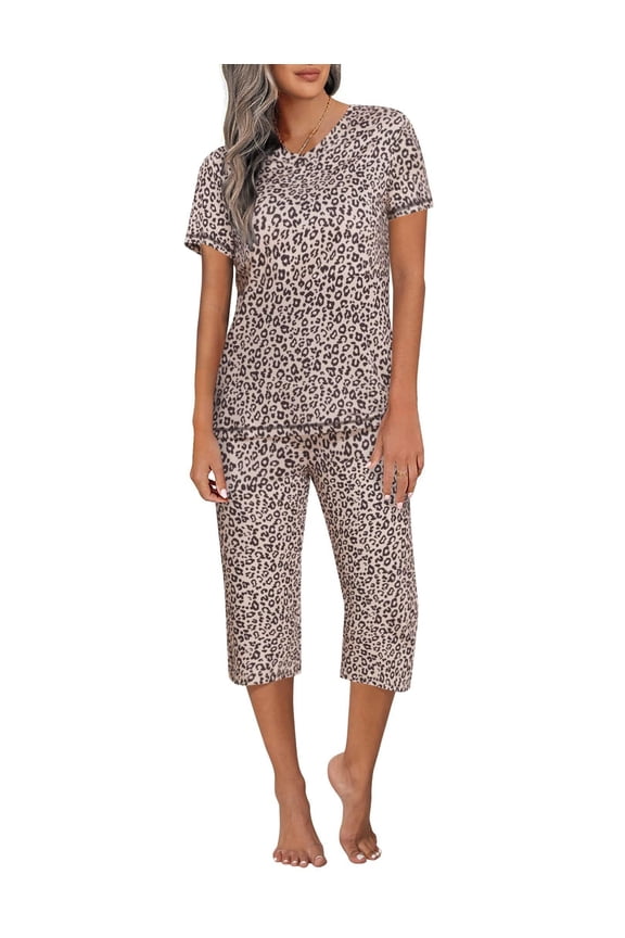 Women's Capri Lounge Sets 2 Piece Short Sleeve Pants Loungewear Outfits