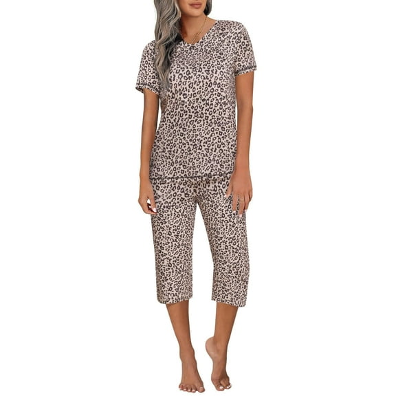 Ekouaer Women's Capri Lounge Sets 2 Piece Short Sleeve Pants Loungewear Outfits