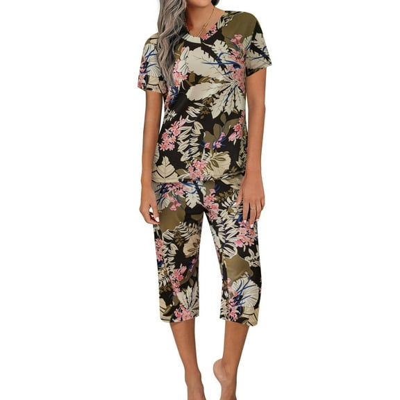 Ekouaer Women's Capri Lounge Sets 2 Piece Short Sleeve Pants Loungewear Outfits