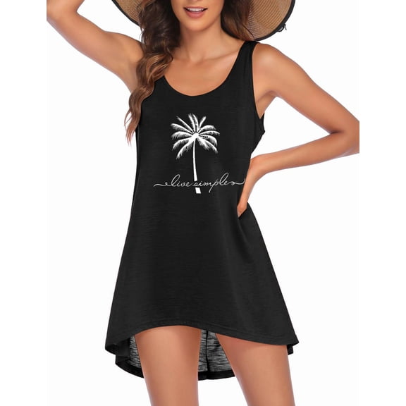 Ekouaer Women's Sleeveless Swimwear Coverups T-Shirt Beach Dress Tank Bikini Cover Up with Print