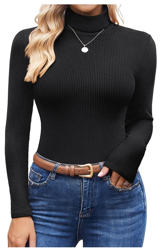 Women's Turtleneck Shirts Ribbed Pullover Sweater Long Sleeves Tops Midweight Thermal Underwear Blouse