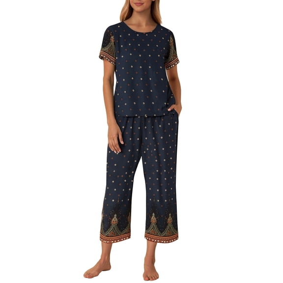 Ekouaer Women's Two Piece Lounge Set Short Sleeve Shirt and Capri Pants Mumu Pajama with Pockets Loungewear Pjs Sets
