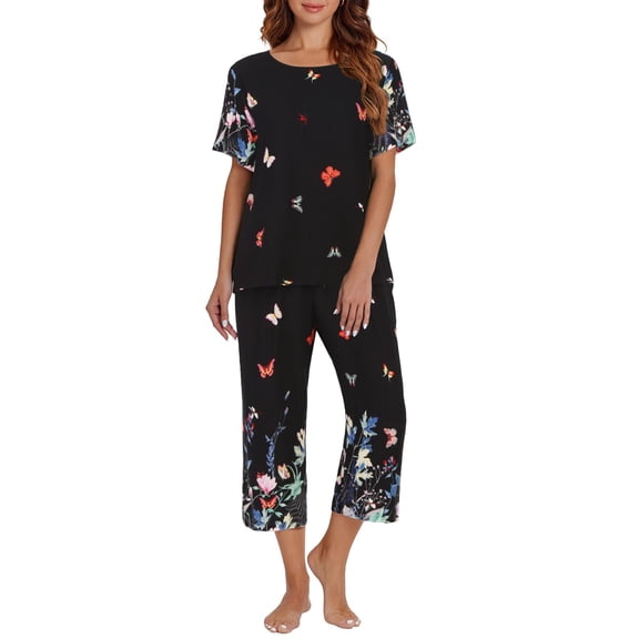 Ekouaer Women's Two Piece Lounge Set Short Sleeve Shirt and Capri Pants Mumu Pajama with Pockets Loungewear Pjs Sets