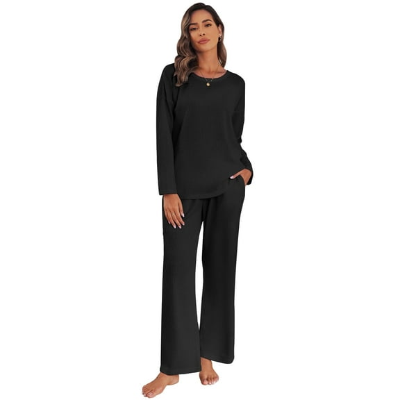 Ekouaer Women's Waffle Knit Pajama Sets Comfy Long Sleeve Lounge Sets 2 Piece Matching Pj Sets with Pockets