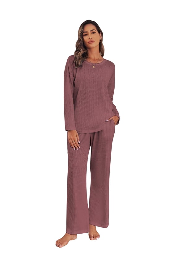 Women's Waffle Knit Pajama Sets Comfy Long Sleeve Lounge Sets 2 Piece Matching Pj Sets with Pockets