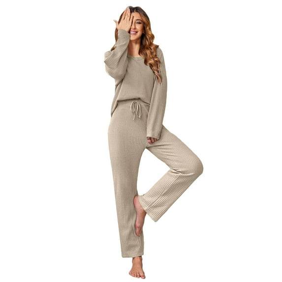 Ekouaer Women's Waffle Knit Pajama Sets Comfy Long Sleeve Lounge Sets 2 Piece Matching Pj Sets with Pockets
