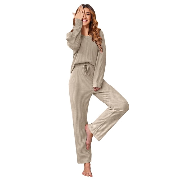 Ekouaer Women's Waffle Knit Pajama Sets Comfy Long Sleeve Lounge Sets 2 Piece Matching Pj Sets with Pockets