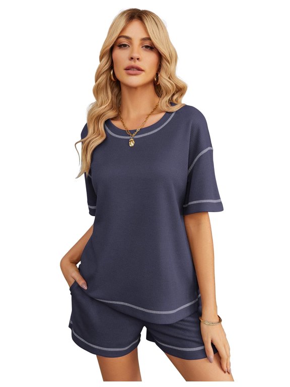 Women's Waffle Knit Two Piece Lounge Set, Soft Matching Outfits for Daily Wear, Casual Shorts Set with Pocket