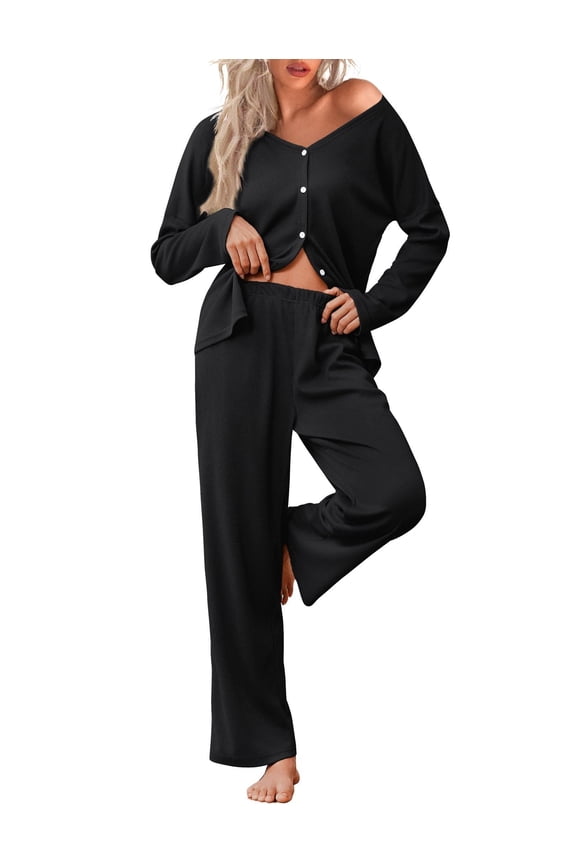 Womens Waffle Knit Pajamas Long Sleeve Lounge Set Button Up Pjs Loungewear with Pockets