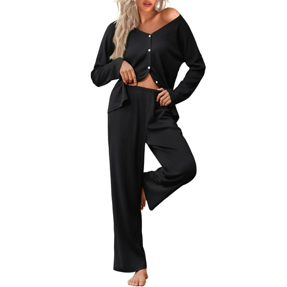 Ekouaer Womens Waffle Knit Pajamas Long Sleeve Lounge Set Button Up Pjs Loungewear with Pockets