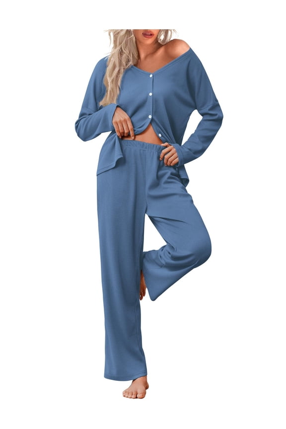 Womens Waffle Knit Pajamas Long Sleeve Lounge Set Button Up Pjs Loungewear with Pockets