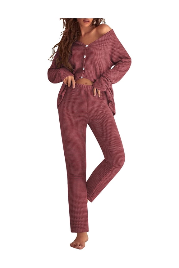 Womens Waffle Knit Pajamas Long Sleeve Lounge Set Button Up Pjs Loungewear with Pockets