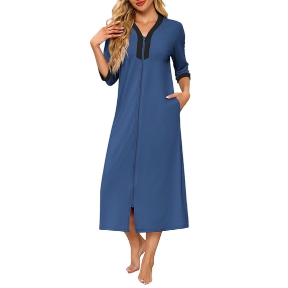 Ekouaer Women's Zipper Robe 3/4 Sleeves Housecoat Full Length Nightgown Soft Loungewear Robe with Pockets