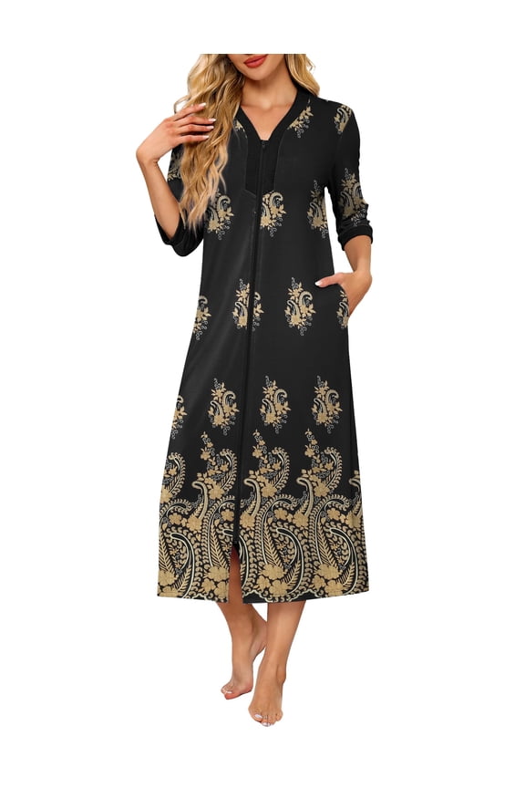 Women's Zipper Robe 3/4 Sleeves Housecoat Full Length Nightgown Soft Loungewear Robe with Pockets