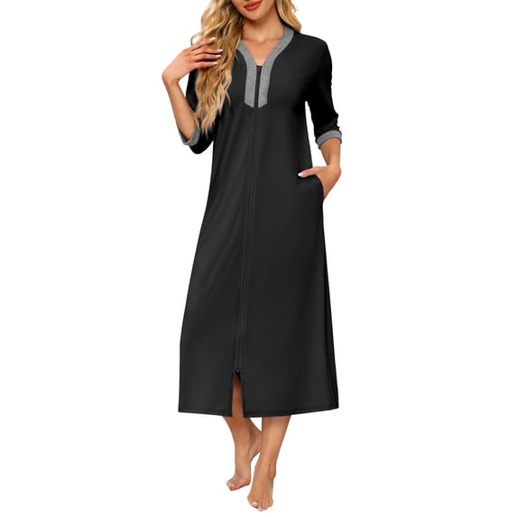 Ekouaer Women's Zipper Robe 3/4 Sleeves Housecoat Full Length Nightgown Soft Loungewear Robe with Pockets