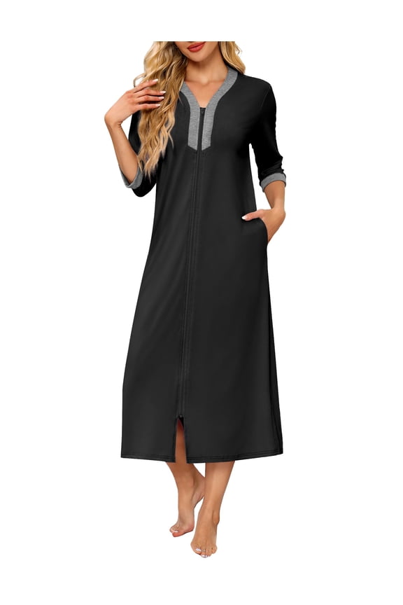Women's Zipper Robe 3/4 Sleeves Housecoat Full Length Nightgown Soft Loungewear Robe with Pockets