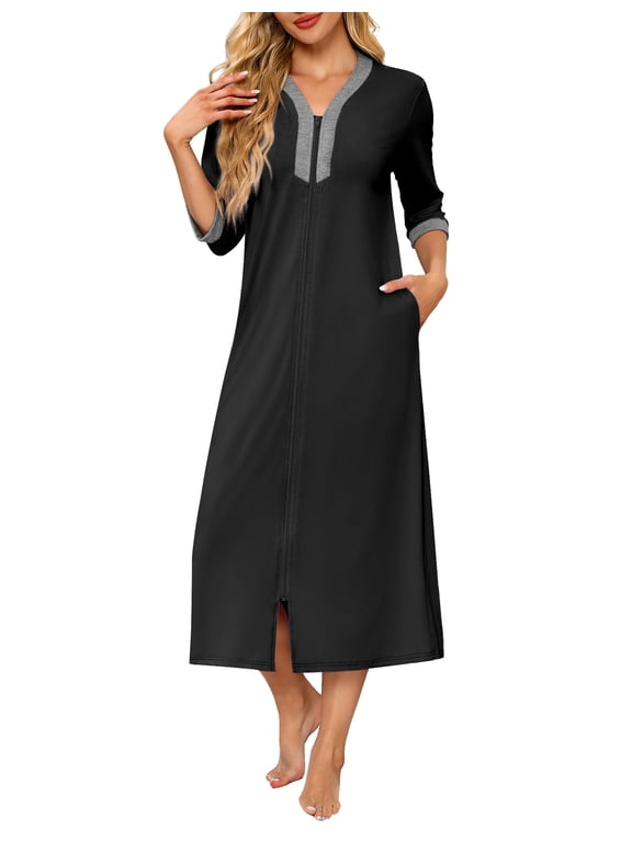 Women's Zipper Robe 3/4 Sleeves Housecoat Full Length Nightgown Soft Loungewear Robe with Pockets