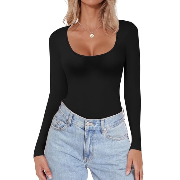 Ekouaer Women's Scoop Neck Long Sleeve Top Stretch Fitted Undershirt Lightweight Basic Thermal Tee