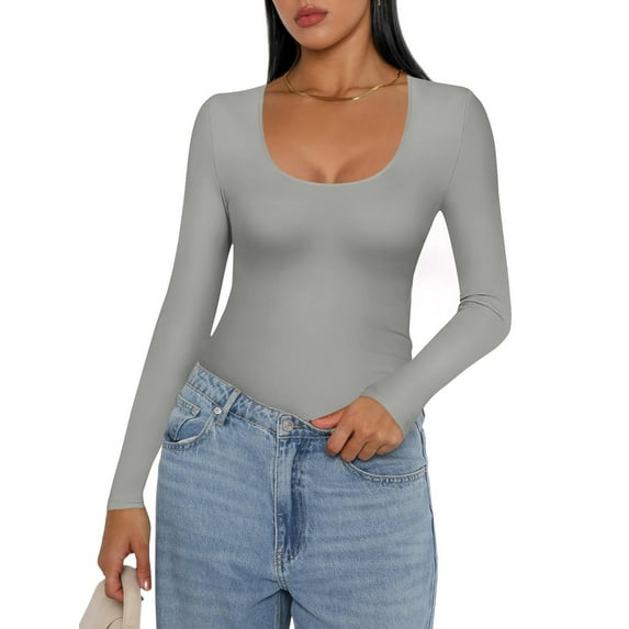 Ekouaer Women's Scoop Neck Long Sleeve Top Stretch Fitted Undershirt Lightweight Basic Thermal Tee