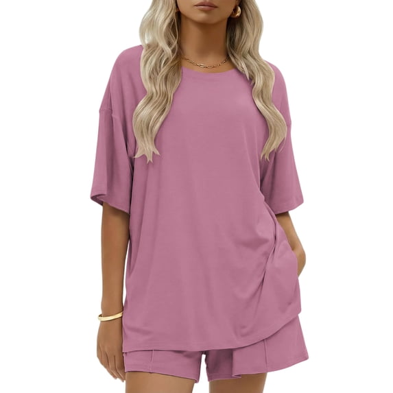 Ekouaer Womens 100% Cotton 2 Pieces Short Sets Summer Short Sleeve Outfits Casual Matching Lounge Set with Pockets