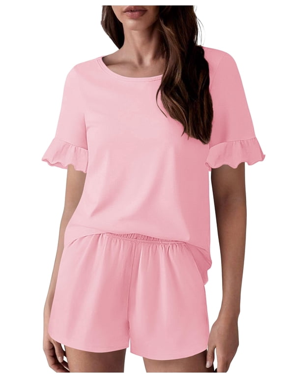 Womens 100% Cotton Pajamas Set Ruffle Sleeves Top and Short Soft Sleepwear 2 Piece Lounge Set with Pockets