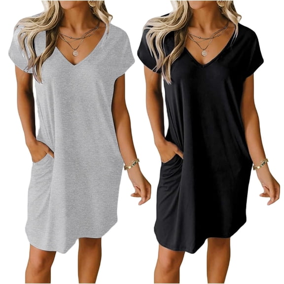 Ekouaer 2 Pack Womens V-Neck Nightgowns Soft Short Sleeve Sleepdress with Floral Print and Pockets