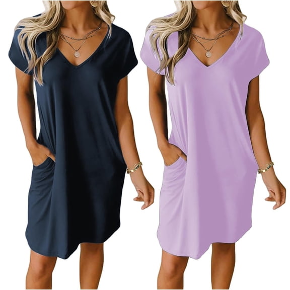 Ekouaer 2 Pack Womens V-Neck Nightgowns Soft Short Sleeve Sleepdress with Floral Print and Pockets