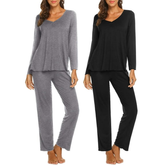 Ekouaer Womens 2 Pack Pajama Set Long Sleeve Pajamas Top and Pants V Neck Pjs Set Soft Sleepwear Loungewear