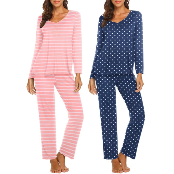 Ekouaer Womens 2 Pack Pajama Set Long Sleeve Pajamas Top and Pants V Neck Pjs Set Soft Sleepwear Loungewear