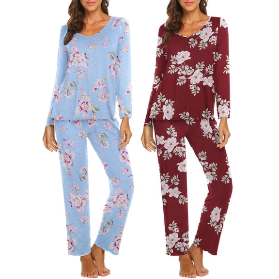 Ekouaer Womens 2 Pack Pajama Set Long Sleeve Pajamas Top and Pants V Neck Pjs Set Soft Sleepwear Loungewear