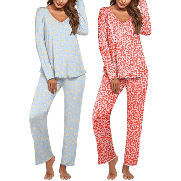 Ekouaer Womens 2 Pack Pajama Set Long Sleeve Pajamas Top and Pants V Neck Pjs Set Soft Sleepwear Loungewear