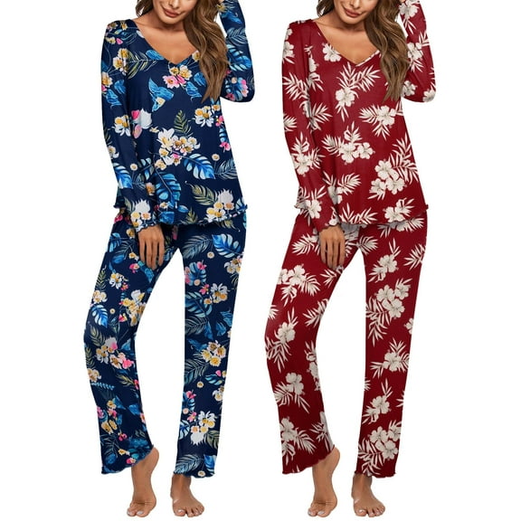 Ekouaer Womens 2 Pack Pajama Set Long Sleeve Pajamas Top and Pants V Neck Pjs Set Soft Sleepwear Loungewear