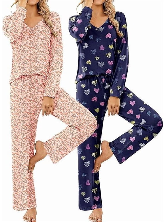 Womens 2 Pack Pajama Sets Long Sleeve Leopard Top with Pants Pjs Black Sleepwear Soft Lounge Sets
