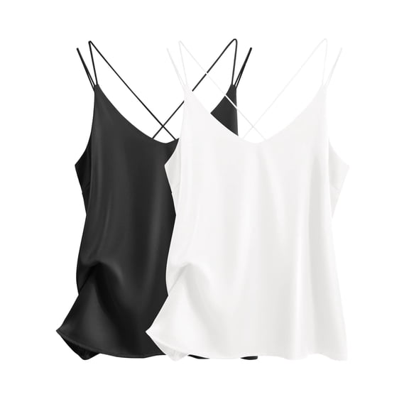Ekouaer Womens 2-Pack Silk Satin Camisole Tank Top V Neck Sexy Cross Back Spaghetti Strap Cami Sleeveless Lounge Tops