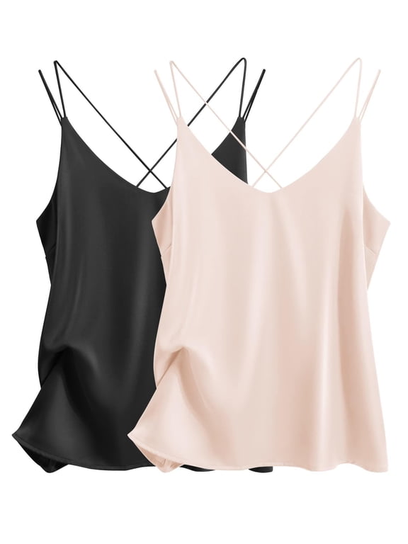 Womens 2-Pack Silk Satin Camisole Tank Top V Neck Sexy Cross Back Spaghetti Strap Cami Sleeveless Lounge Tops