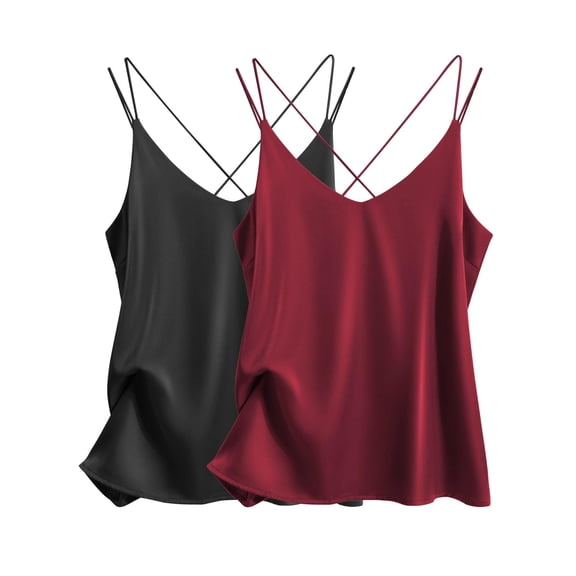 Ekouaer Womens 2-Pack Silk Satin Camisole Tank Top V Neck Sexy Cross Back Spaghetti Strap Cami Sleeveless Lounge Tops