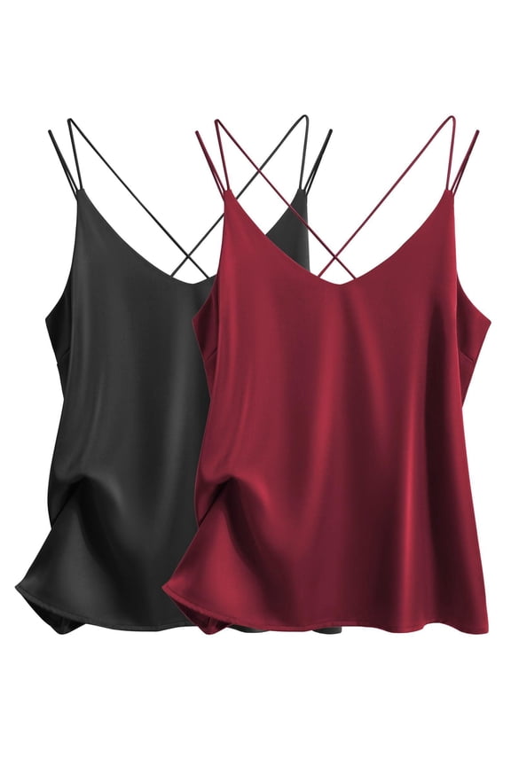 Womens 2-Pack Silk Satin Camisole Tank Top V Neck Sexy Cross Back Spaghetti Strap Cami Sleeveless Lounge Tops