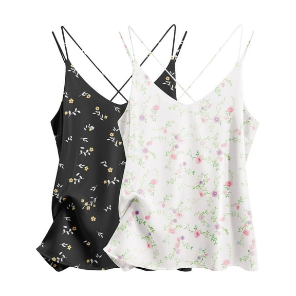 Ekouaer Womens 2-Pack Silk Satin Camisole Tank Top V Neck Sexy Cross Back Spaghetti Strap Cami Sleeveless Lounge Tops