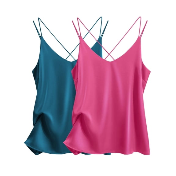 Ekouaer Womens 2-Pack Silk Satin Camisole Tank Top V Neck Sexy Cross Back Spaghetti Strap Cami Sleeveless Lounge Tops
